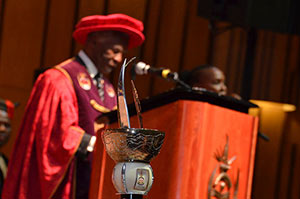 Unisa's newly-appointed Chancellor, Thabo Mbeki, prepares to take the stage to deliver his inaugural speech