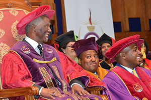 Chancellor Thabo Mbeki and Chairperson of Council, Sakhi Simelane, during a lighter moment