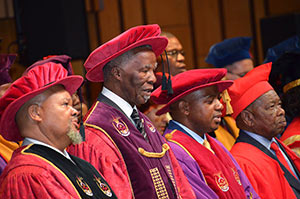 From left Prof Mandla Makhanya (Unisa Principal and Vice-Chancellor), Thabo Mbeki (Unisa Chancellor), Sakhi Simelane (Chairperson of Unisa’s Council), and Blade Nzimande (South African Minister of Higher Education and Training)