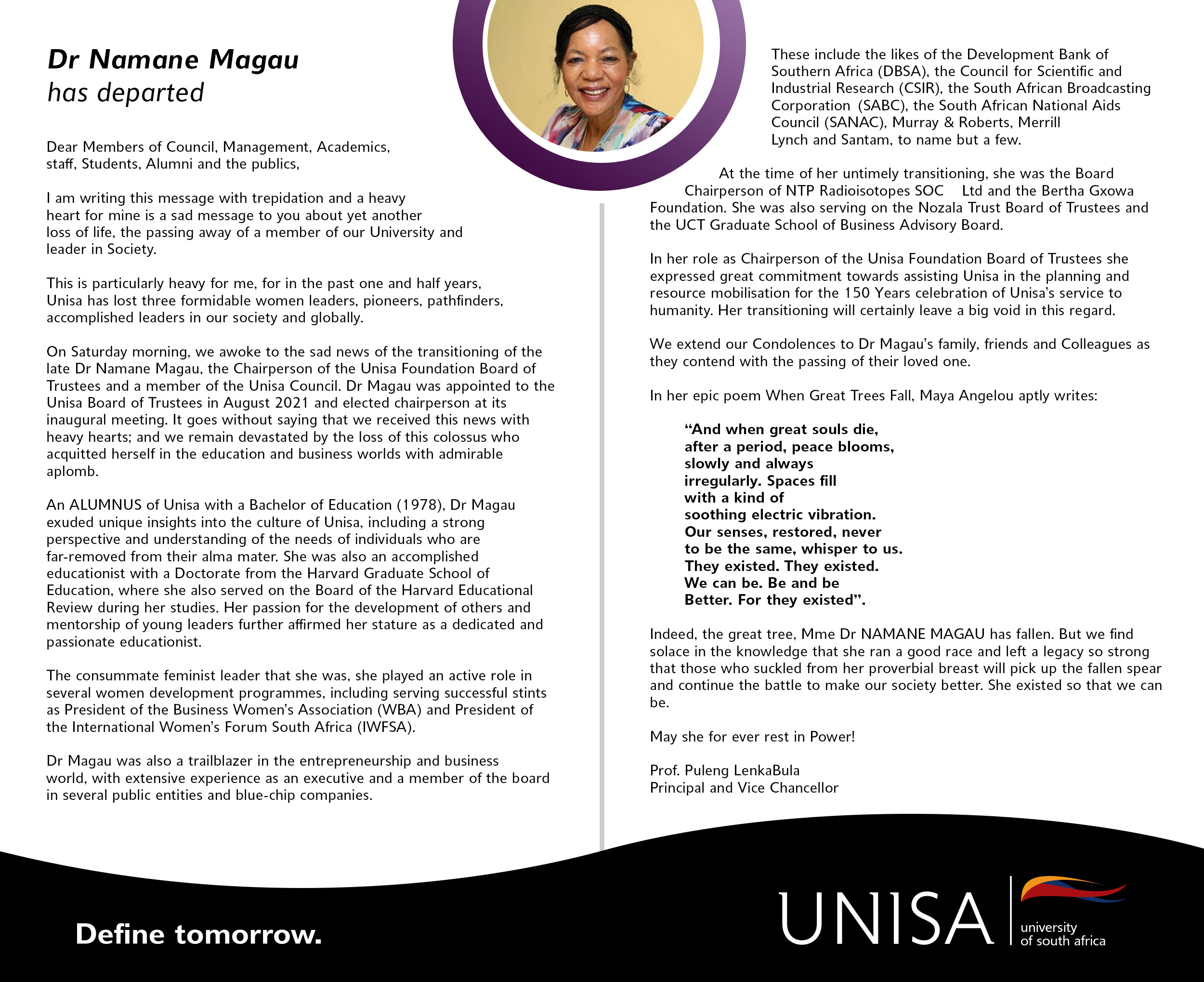 Message of condolence on the passing of Dr Namane Magau