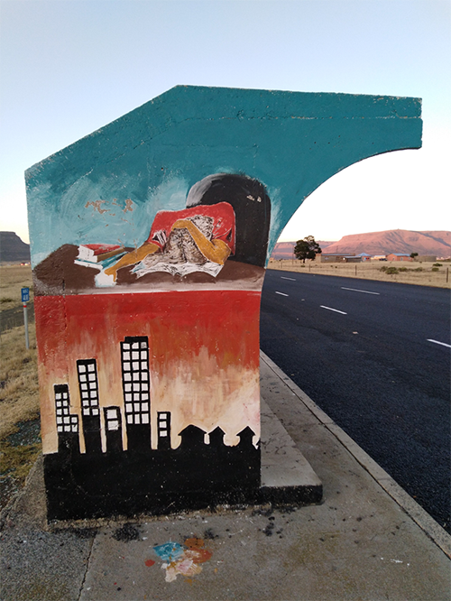 Artwork on a nearby bus stop by Mnxe Primary School in Cala, Eastern Cape